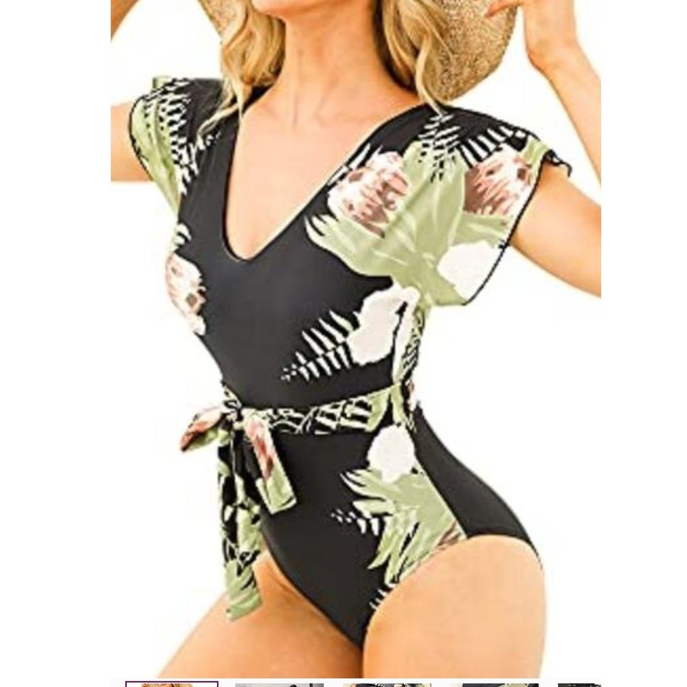 Byinns XXL One Piece Swimsuit Floral Off Shoulder Tie Waist Black 550  Green NWT